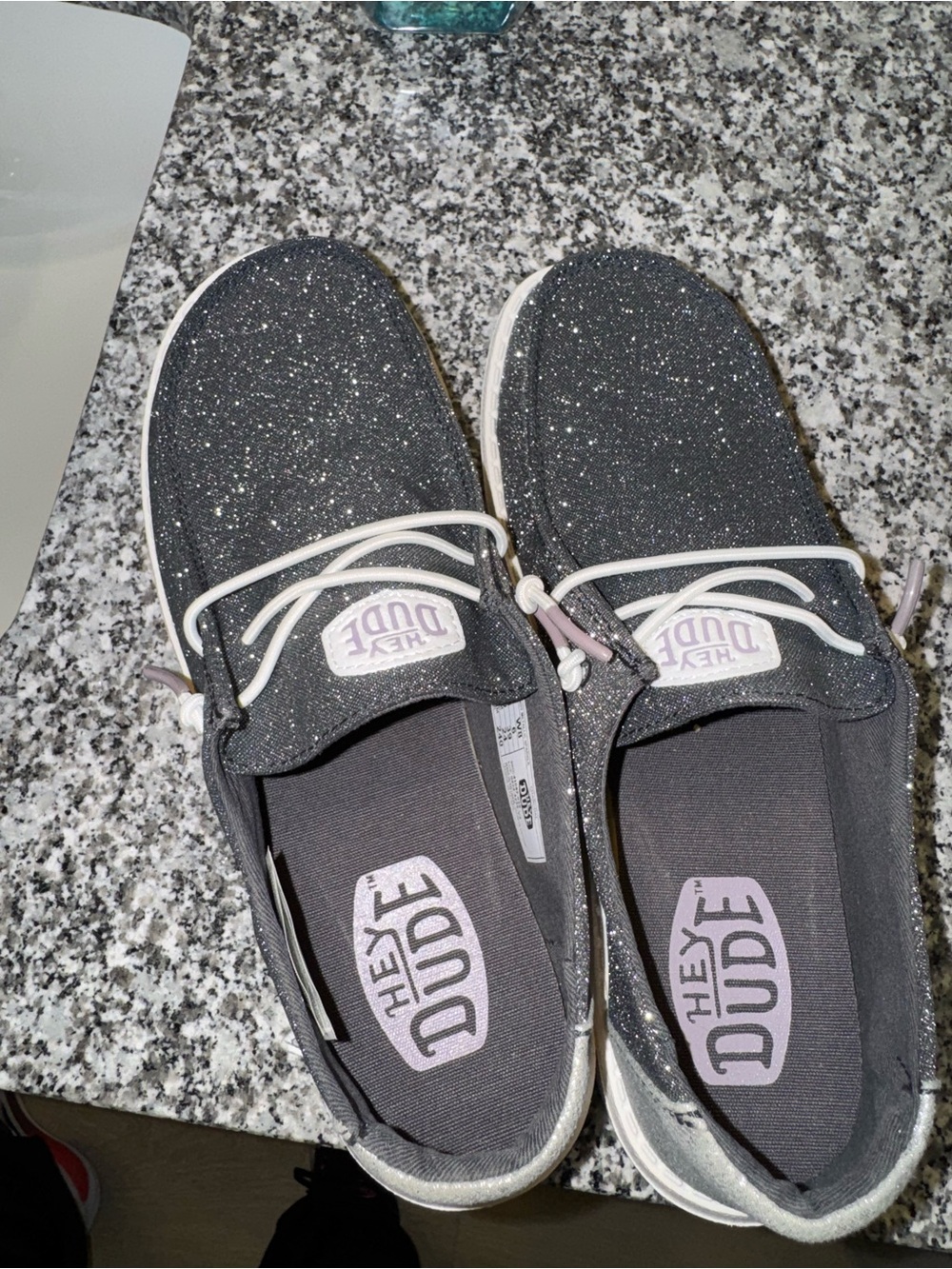 Hey Dude Black Glitter Slip-On Shoes with White Laces